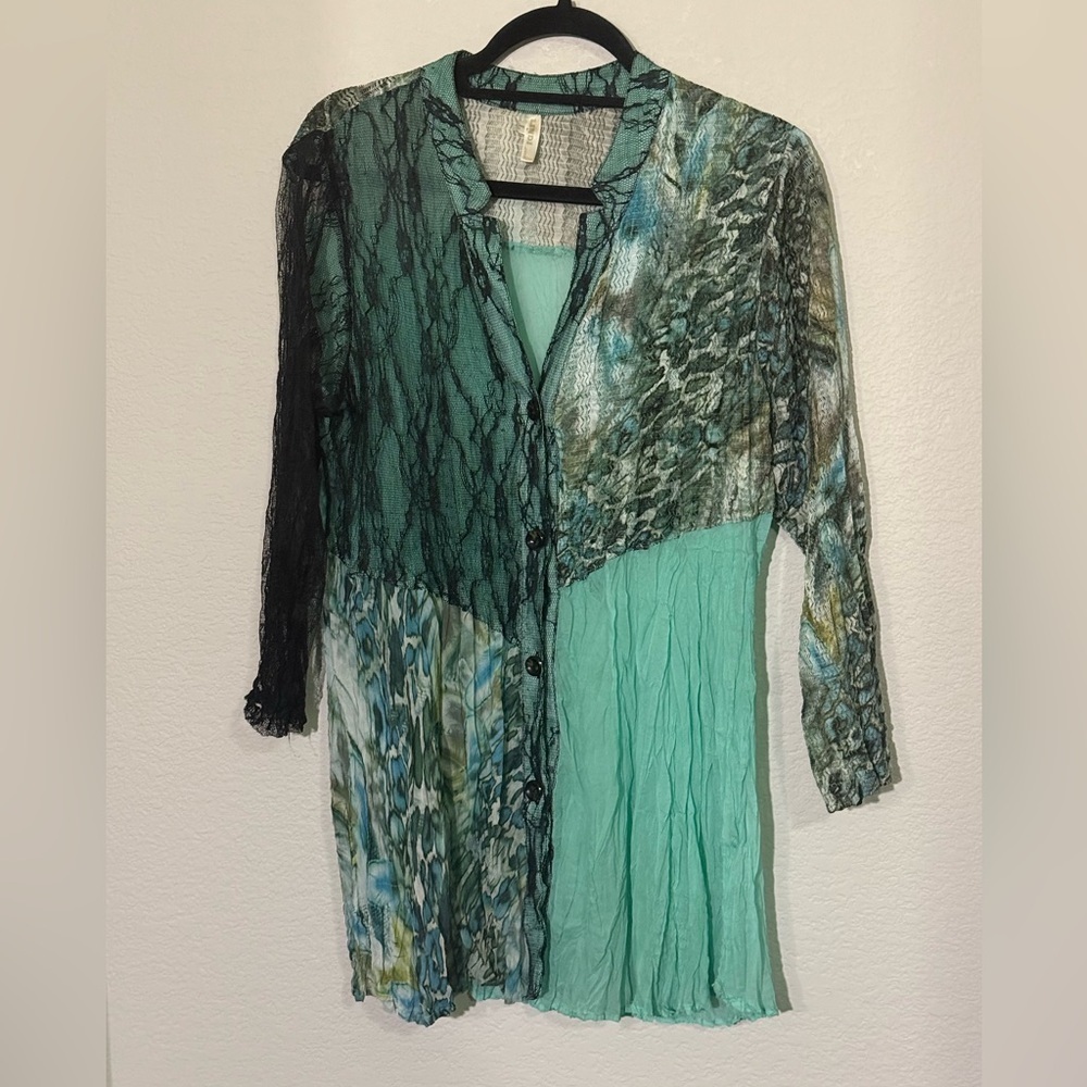 Patchwork Lace Tunic Button Up Women's Black and Aqua Multimedia Top, Large
